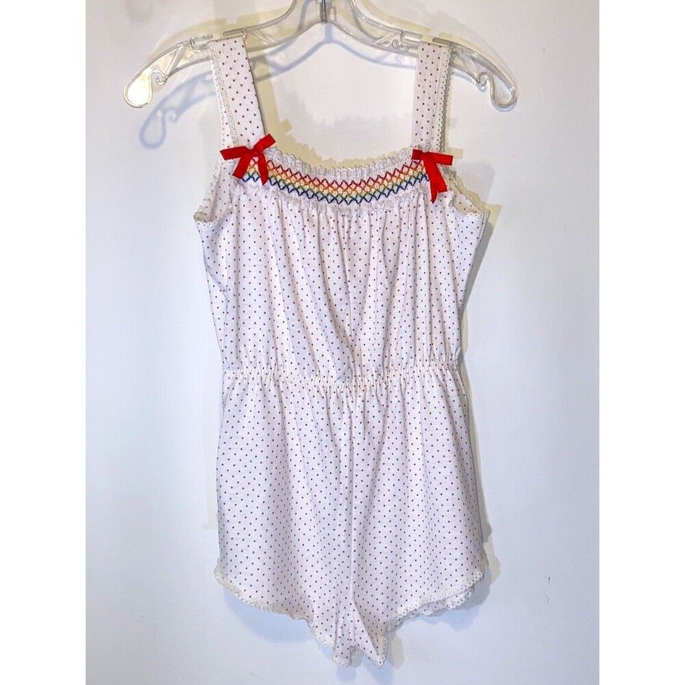 Vtg 80s Stardust Polka Dot Smocked Romper Girls MED White Red Bows Retro